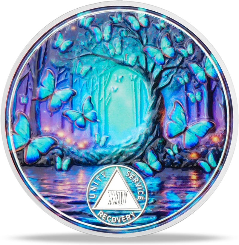 deDecoml Serenity Prayer Recovery Coin Butterfly Tree Design with Unity, Service, and Recovery Triangles Challenge Coin Sobriety Sober Coin NA AA Chips and Medallions (Blue Butterfly Tree, 24 Years) - Image 1